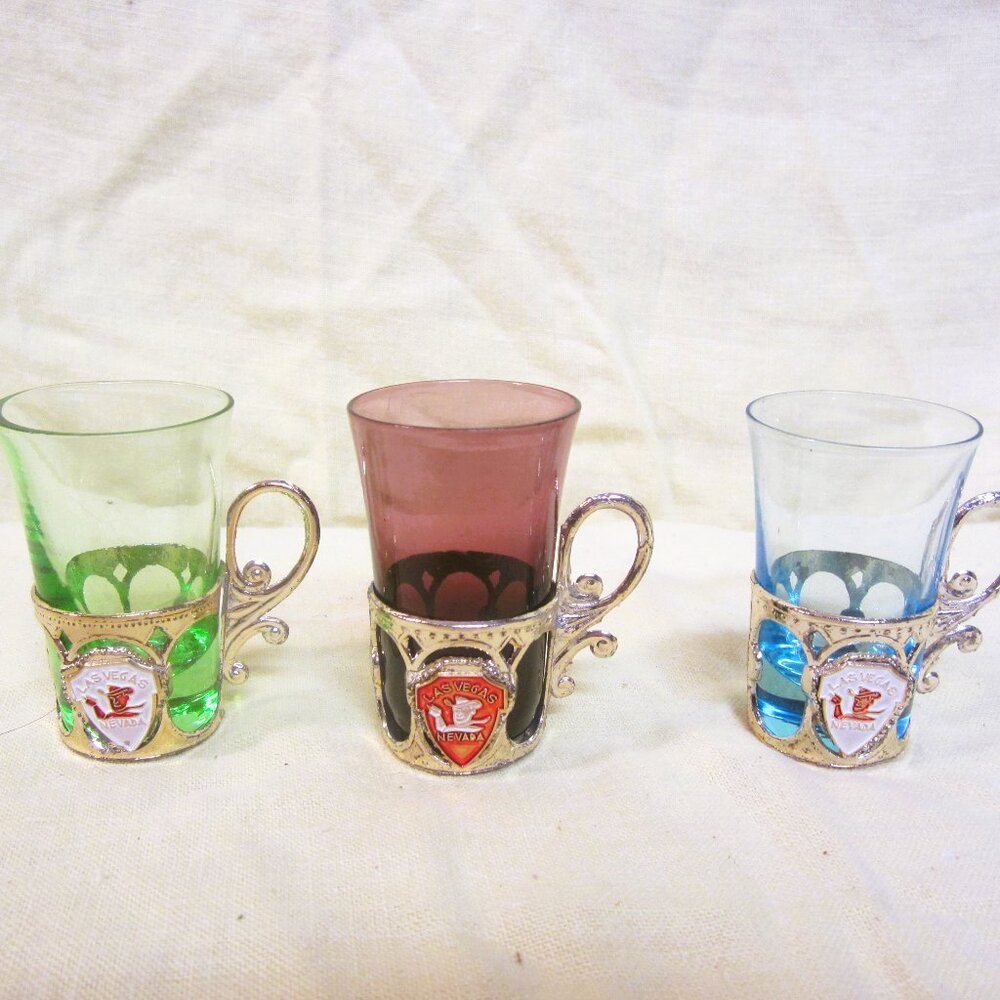 RARE VTG LAS VEGAS SOUVENIR SHOT GLASSES, UNIQUE DESIGN, SET OF 3